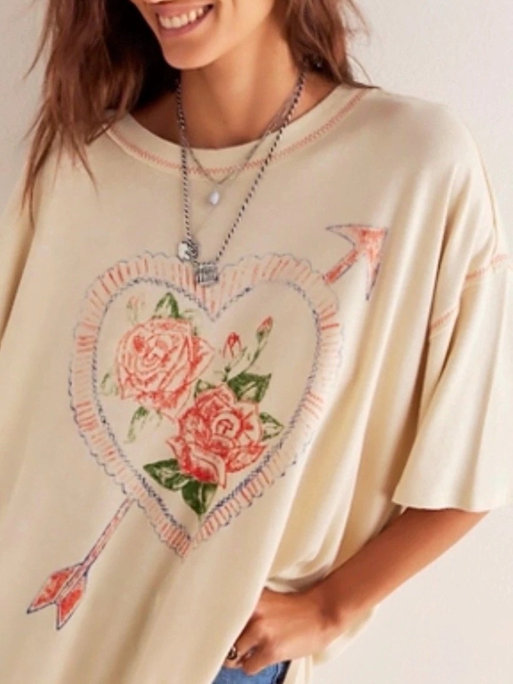 We The Free Love Rose Oversized T-Shirt Cream & Red EUC